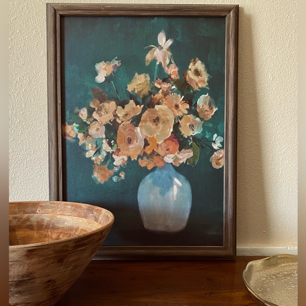 Framed Floral Wall Art Print in Teal and Cream